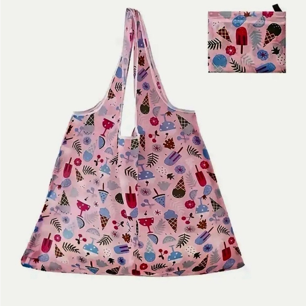 Ice Cream Print Reusable Travel Shopping Tote Bag, Pink, Purple